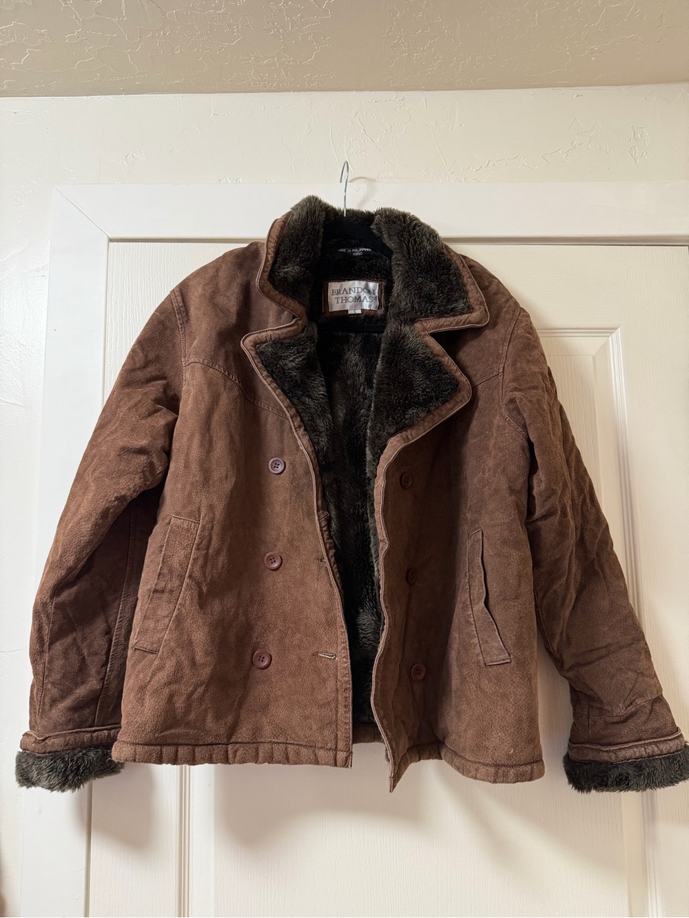 Brandon Thomas Brown Suede Shearling Pea Coat